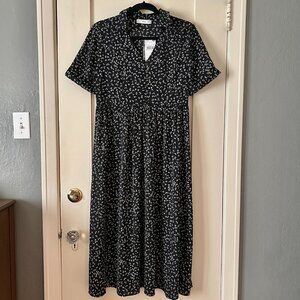 NWT - Mango V-Neck Collared Ditsy Floral Midi Dress - Black & White - Size Small